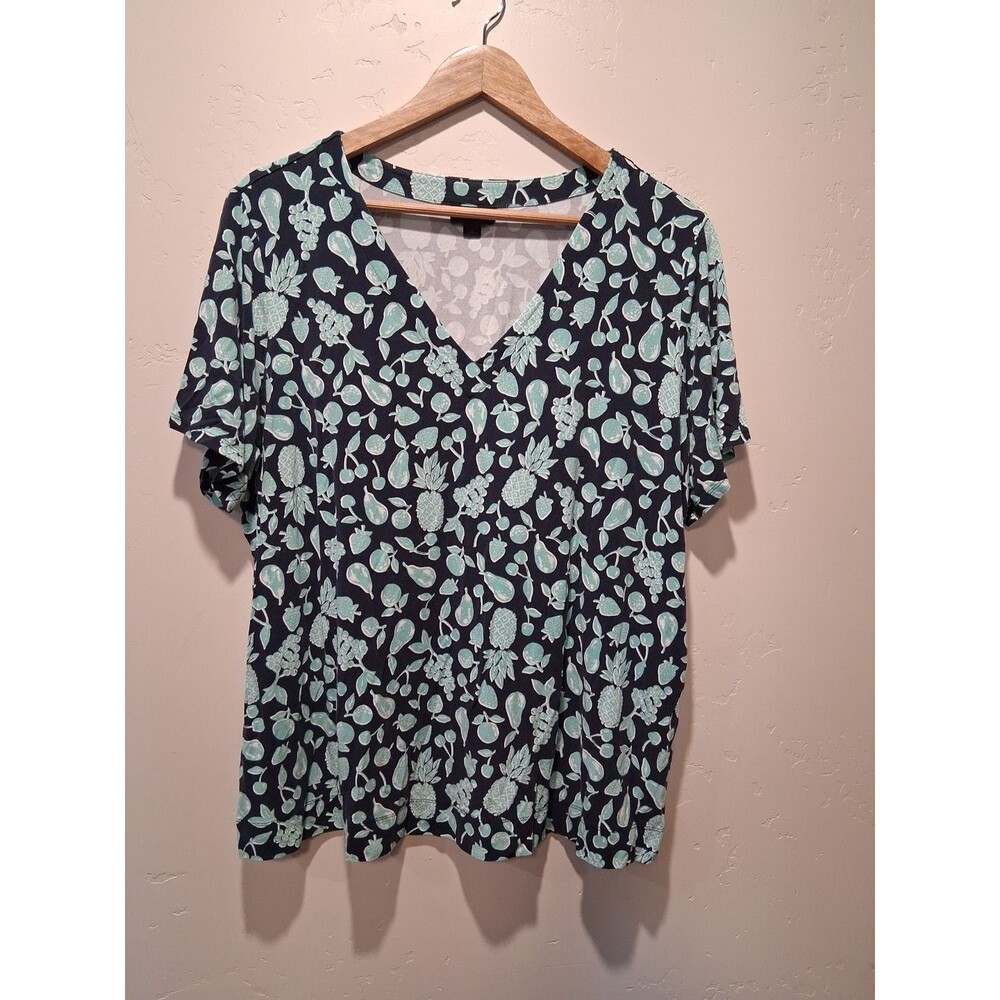 J. Jill Wearever Blue Fruit Basket Top V-Neck Stretch Jersey Knit Travel Size 2X